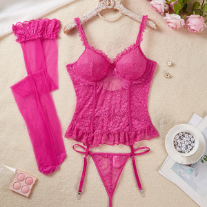 Ensemble de lingerie sexy avec <span class=keywords><strong>porte</strong></span>-jarretelles en dentelle violette, soutien-gorge <span class=keywords><strong>et</strong></span> <span class=keywords><strong>bas</strong></span> en polyester <span class=keywords><strong>et</strong></span> nylon avec jarretelles, ODM séduisant <span class=keywords><strong>et</strong></span> irrésistible - Product Image 4