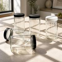 Vente en gros de pots en verre transparent à parois droites et à large ouverture de 300 ml (10 oz) avec couvercle à vis noir côtelé pour aliments