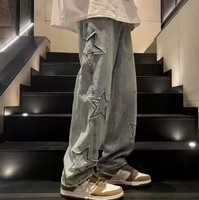 Jeans High Street Baggy à Jambes Larges avec Patch Brodé Étoile Colorée, Pantalon en Denim Décontracté pour Homme à Coupe Droite