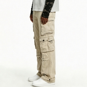 SOONREE Jeans streetwear multi-poches personnalisables de haute qualité, pantalon cargo en denim <span class=keywords><strong>beige</strong></span> délavé à jambes larges pour hommes, OEM - Product Image 3