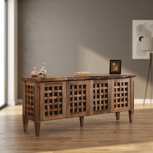 Console moderne de luxe en bois massif avec détails sculptés, meuble de rangement pour salon - Product Image 3