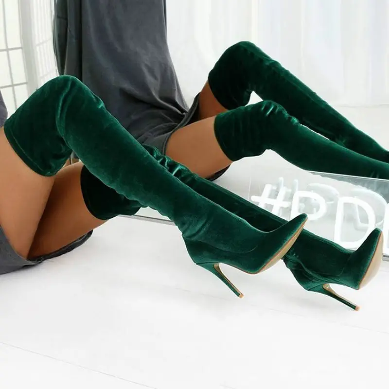 Women Pointed Toe Over The Knee Boots Women's Flock Thigh High Boots Winter Ladies Slim Super High Heels Female Shoes Big Size