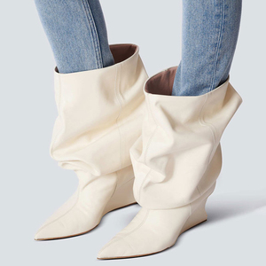 High Wedge Heels Pointed Toe Pleated Upper Shoes Wide Top Mid Calf <b>Boots</b> Women's on Loose Baggy Half Knee High Booties - Product Image 1