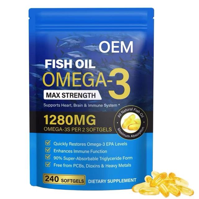 OEM/ODM Wholesale Fish Oil Omega-3 Max Strength DHA+EPA Softgel Capsule Support Heart Brain Immune System Dietary Supplement