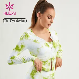 HUCAIカスタムスパンデックススリムフィットダブルエンドジッパー長袖タイダイジムクロップトップヨガシャツ女性用