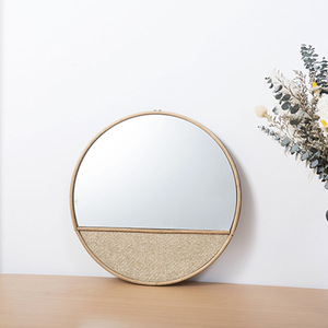Round <b>Wall</b> <b>Mirror</b> With Wooden Frame And Woven Bottom Half For Nordic Home Decor Living Room Bedroom Entryway - Product Image 1