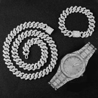Coffret Cadeau Montre Homme Iced Out avec Bracelet et Collier Hip Hop, Chaîne Miami Cuban Link pour Homme, Bijoux