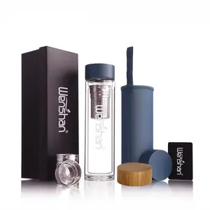 Glazen Waterfles Met Hoes Bamboe Deksel Dubbelwandig Borosilicaat Met Thee Infuser Accessoires Toepasbaar Voor Kokend Water