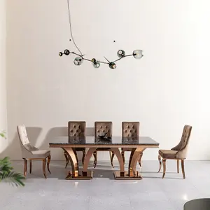 Luxe Designer Eettafel Set Van 8 Mensen Dynamische Ontwerp Handgemaakte Metalen Rose Goud Staal Base Guangdong Foshan Eettafel