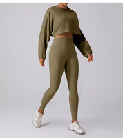 Ensemble de yoga 2 pièces pour femme, taille plus, haut court uni à manches longues, legging et soutien-gorge de sport, pantalon de jogging respirant extensible dans les quatre sens pour la gym