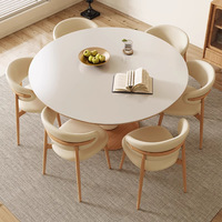 Ensemble de table à manger ronde de style nordique au design doux et sucré, stabilité renforcée, plateau en pierre frittée, support en bois massif, pour 6 personnes