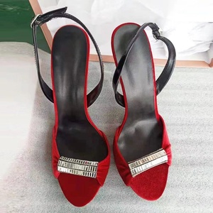 Sandales d'été à talons pour femmes, en daim rouge et noir, avec nœud, à bride cheville, bout pointu, légères - Product Image 6