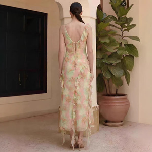 Vestido de Noche Largo de Gasa con Estampado Floral y Hombros Descubiertos, Cintura Imperio, Cremallera Frontal, Translúcido, Vestido de Moda para Mujer - Product Image 3