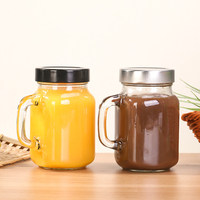 Pot en verre carré transparent de qualité alimentaire de 500 ml avec poignée et couvercle en métal pour jus, smoothie, boisson froide