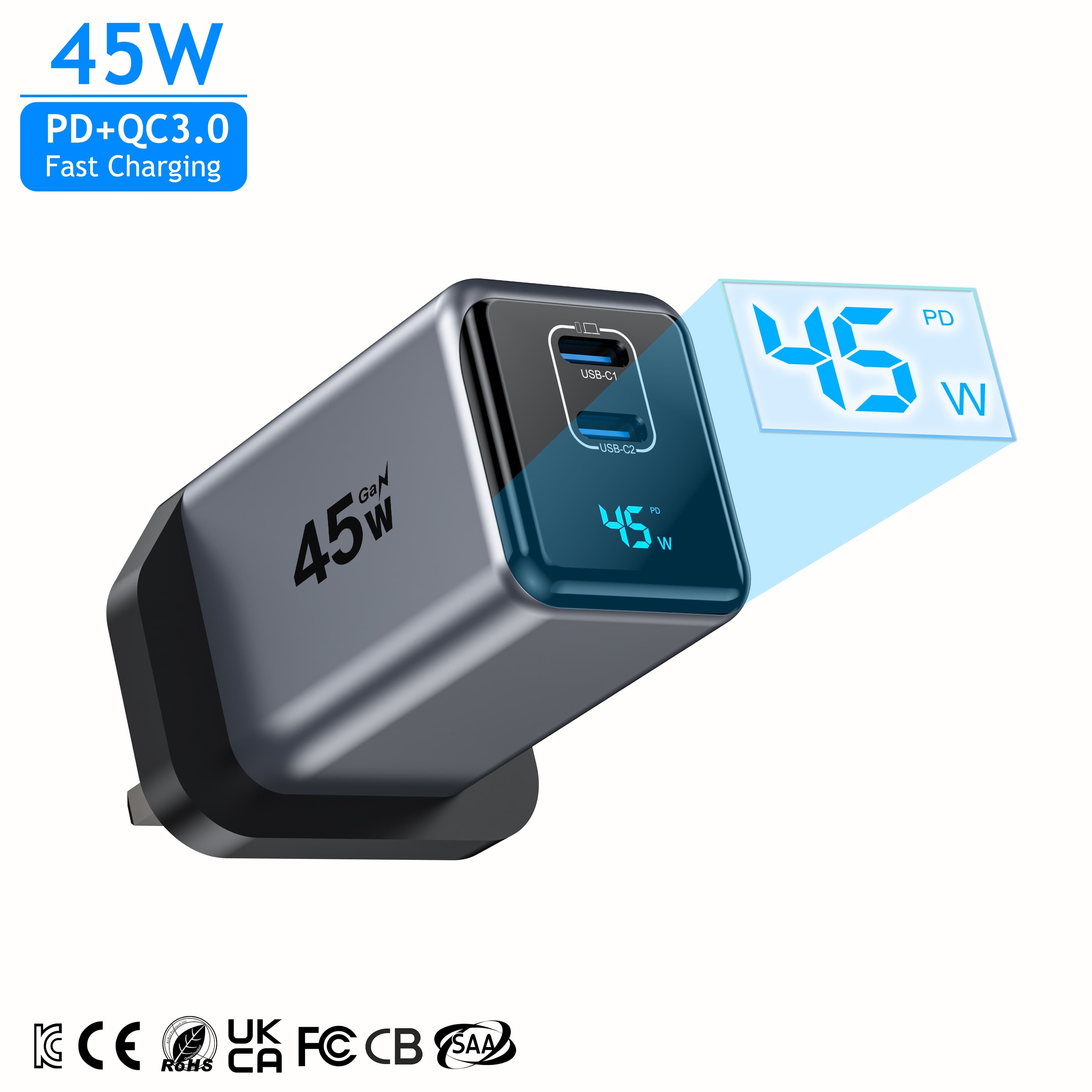 KYT 45W GaN PD Smart LED LCD Super Fast Multiport USB TYPE C Power Adapter Mobile Cell Phone Wall Charger With Digital Display