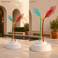 Sculpture en acier ajourée moderne, fabriquée sur mesure, aux couleurs vives, en forme de feuille, pour l'aménagement extérieur, les zones de loisirs et les grands espaces publics
