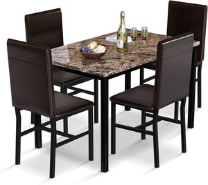 Dinette moderna per piccolo spazio tavolo da pranzo marrone marmo finitura superiore e 4 sedie imbottite in pelle PU ideale per sala da pranzo - Product Image 1