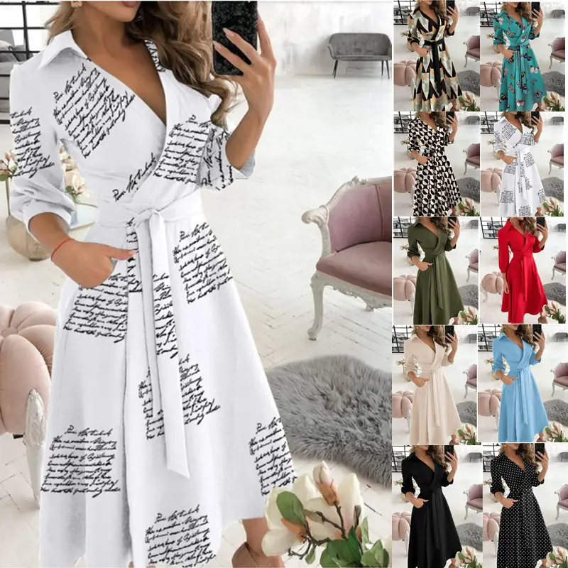 2022 Wholesale Office Lady Women Casual A-Line Wrap Dress Ladies Print Long Sleeve V-Neck Dress Pocket Elegant Midi Party Dress