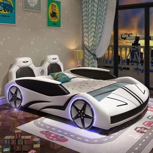 Lit pour enfants en cuir <span class=keywords><strong>bleu</strong></span> moderne en forme de voiture, personnalisable, avec lumière LED en option, haut-parleur Bluetooth, design sécurisé pour les garçons - Product Image 3