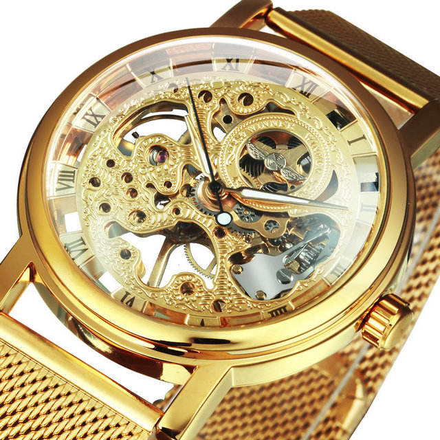 Winner Classic Transparent Skeleton Gold Mechanical Man Watches Luxury Thin  Case Stainless Steel Mesh Strap Automatic Man Watch