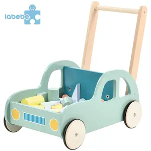 Großhandel Kinderwagen Holzauto Modell Rolling Learning Carriers Holz Baby Walker mit Baustein Set