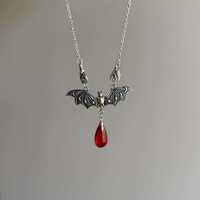 Collier Statement Gothique en Argent pour Homme, Pendentif Fille de Lune Gothique, Goutte de Rubis, Reine des Vampires, Phase de Lune, Chauve-souris
