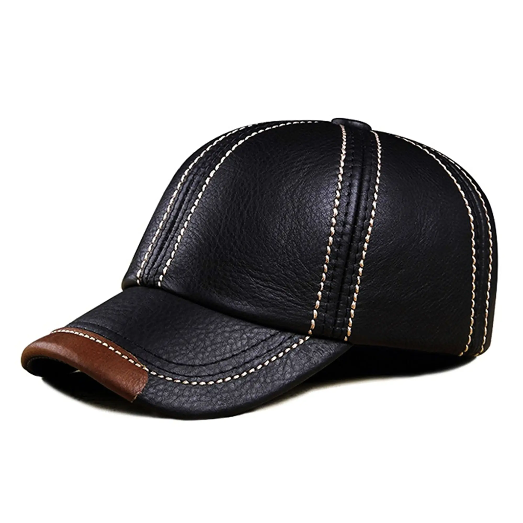 2021ร้อนขายขายส่งหนังหมวก Cowhide หมวกเบสบอลที่กำหนดเองสีดำหมวกเบสบอลปรับสายหมวกหมวก