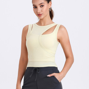 Lyocell Women's Yoga Top Crew Neck Ribbed Cut Out With Bra Support Tight Fit For Fitness And Workout - Product Image 2