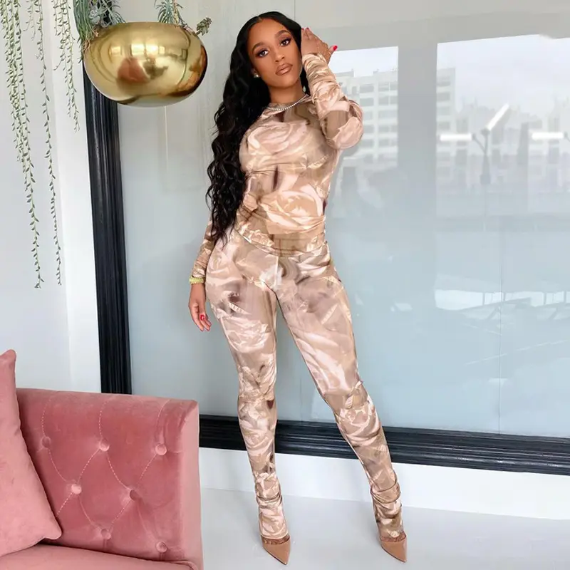 Fall 2022 women clothes long sleeve tie dye two piece set o neck top womens skinny sets printed jogger set