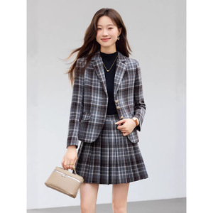 Plaid Blazer Suit Set For Women Two Piece Skirt Outfit Casual Wear Spring Autumn Four Seasons Polyester Fabric Worsted Material - Product Image 2