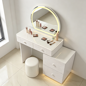Nouvelle Arrivée : Ensemble Coiffeuse à Tiroirs Texturé Ondulé avec Miroir LED Rond, Meuble Latéral Détachable et Tabouret Cylindrique – Table de Maquillage pour Chambre - Product Image 4