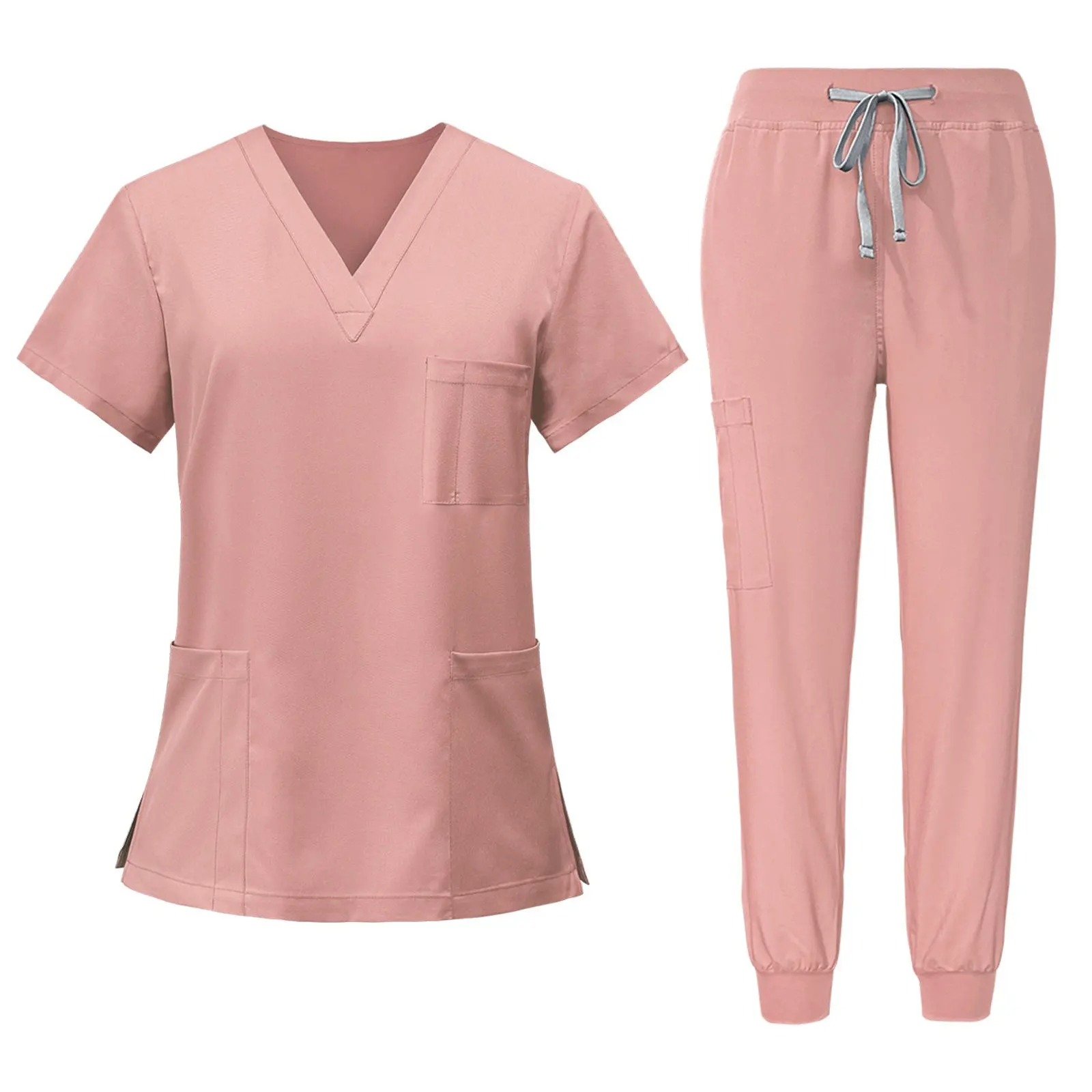 Diseños de moda Cintura elástica Médico con cuello en V Uniforme Hospital Enfermera Scrubs Uniformes Conjuntos Mujeres Hospital Uniforme de enfermería
