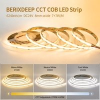 Bande LED COB BERIXDEEP DC24V 8mm 624 LED/M, double couleur, auto-adhésive, découpable, IP20, flexible, sans points, pour la décoration