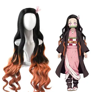  Commercio all'ingrosso 95cm onda lunga nero e arancione scuro misto Demon Slayer Anime Kamado Nezuko parrucca Cosplay capelli sintetici Peluca