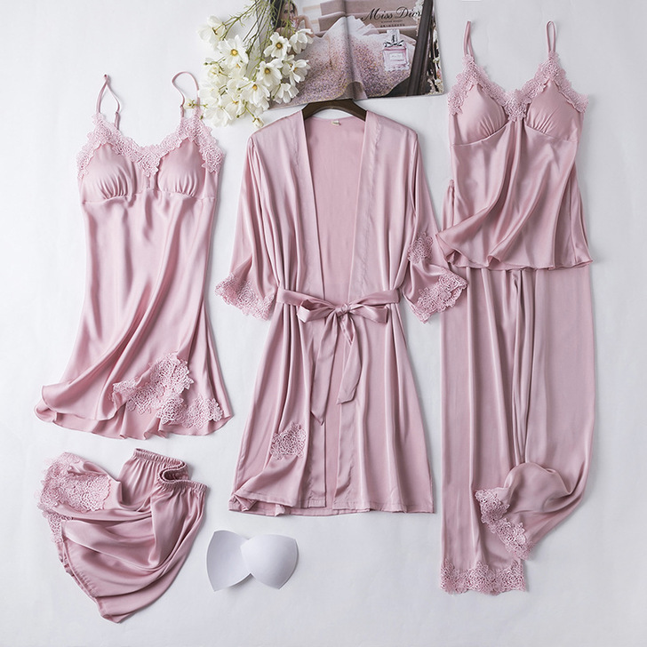 Set da cinque pezzi in raso di seta - Fiore rosa idrosolubile