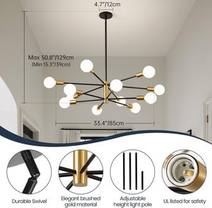 Modern Iron <strong>Sputnik</strong> Chandelier Ceiling <strong>Light</strong> <strong>Fixture</strong> 33.4" 12-<strong>Light</strong> Gold Black Height Adjustable Pendant Energy Saving 5-Year - Product Image 2