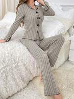 Ensemble de pyjama pour femmes de haute qualité, tissu brossé extensible, chemise à manches longues, pantalon long, vêtements de nuit, vêtements de détente pour la maison, logo personnalisé