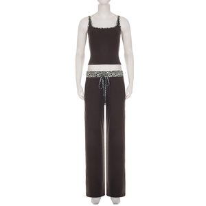 Women Leopard Waist Drawstring Wide Leg Pants & Slim Cami 2PC <b>Set</b> Y2K Street Lounge Outfit Casual Home Wear Matching Suit - Product Image 6