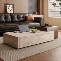 Table basse en travertin et meuble TV combinés, style mi-siècle, rectangulaire, moderne, simple, personnalisable, avec rangement pour salon