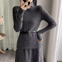 Nouvel ensemble tricoté deux pièces hiver 2026 pour femme : pull élégant et jupe longue taille haute assortie, marron, petite taille, élégant et chaud