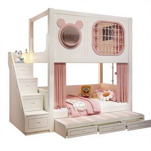 Lit superposé château de princesse contemporain pour filles avec toboggan, rangement, bois massif durable, rose, ensemble de meubles pour chambre d'enfant, salon - Product Image 6
