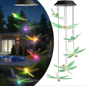 Solar Wind Chimes Dragonfly, Color Changing Solar Lights Outdoor, Birthday Gifts Waterproof Decorative Mobile Lights for Garden