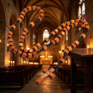 Rosario de Madera con Cuentas y Crucifijo Plateado INRI, Joyería Religiosa Cristiana, Unisex, Hecho a Mano, Chapado Antiguo - Product Image 2