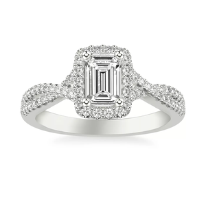 Anillo de compromiso de oro blanco de 14K con diamantes de laboratorio de corte esmeralda y doble halo, con diseño de vástago dividido y pavé completo de diamantes, para mujer. - Product Image 1