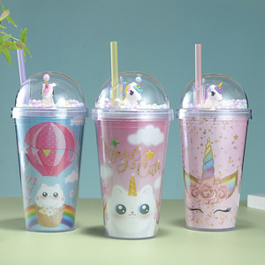 Cartoon Plastic <b>Straw</b> <b>Cup</b> With <b>Lid</b> <b>And</b> <b>Straw</b> Mixed Color For Students Summer Drinkware Two Piece Set - Product Image 2