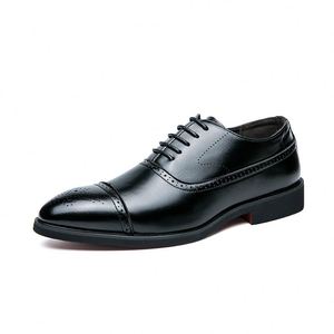 Chaussures habillées en cuir véritable pour hommes, style Oxford, à bout pointu, à lacets, couleur noire unie, pour le bureau, la carrière, toutes saisons - Product Image 1