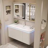 Nouvelle vasque de salle de bain murale en PVC blanc de style européen, étanche, avec miroir avec bande lumineuse LED et lavabo