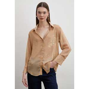 Camisa de Gasa con Estampado de Brillo Dorado y Botones para Mujer, Estilo Casual Diario, Blusa con Cuello en V - Product Image 4