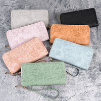 Dompet Panjang Wanita Motif Bunga Embos PU, Dompet Clutch Mewah, Dompet Passport Fashion, Tempat Kartu Desainer dengan Tali Pergelangan Tangan