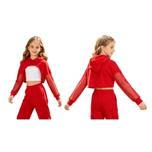Haut court à capuche pour filles avec manches en maille, tenue de danse hip-hop streetwear, tenue de cheerleading, tenue de rue pour enfants, hip-hop pour enfants - Product Image 2